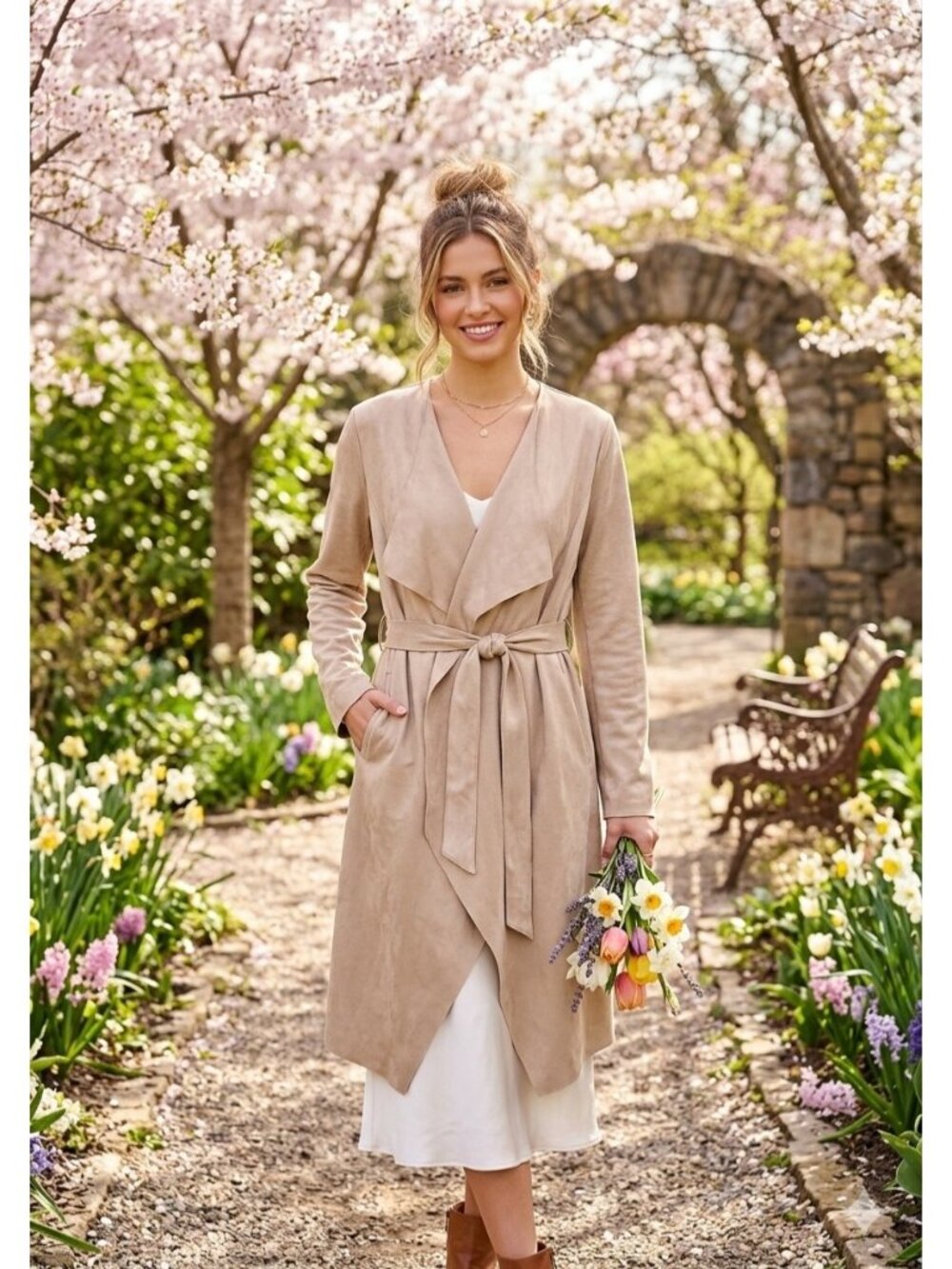 Halogen Faux Suede Tie Waist Trench Coat Beige Size L Neutral Minimalist Spring